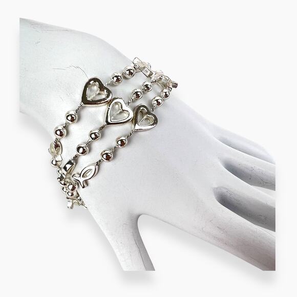 Premier Designs Bracelet Charms Christian Fish Heart Cross 3 Strand Silver Tone - Picture 2 of 7